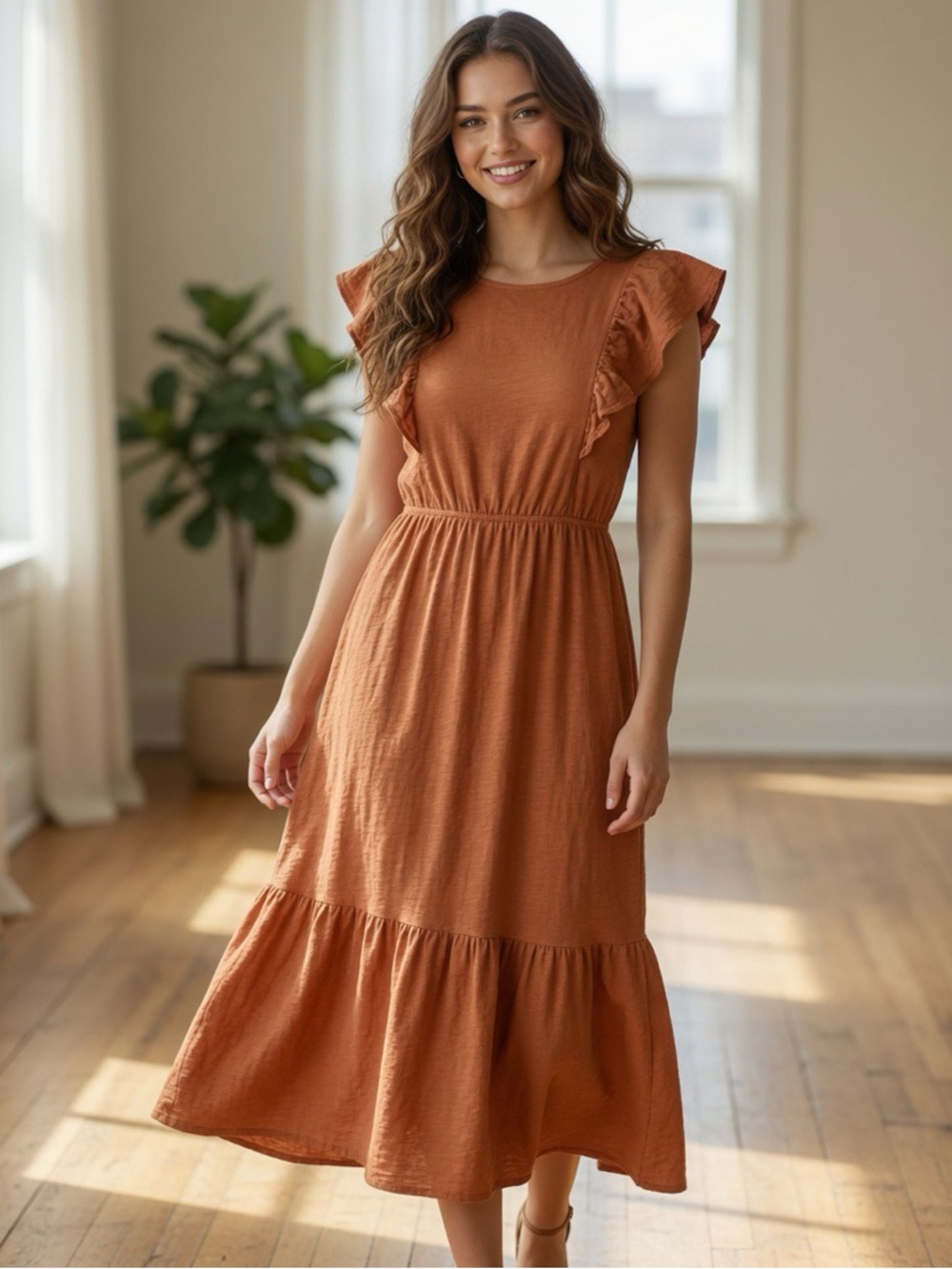 J. Crew Rust Orange Ruffle-Sleeve Midi Dress